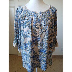 Democracy Womens Blouse Flared Sleeve Blue Paisley  Bohemian Top 1X  Peasant